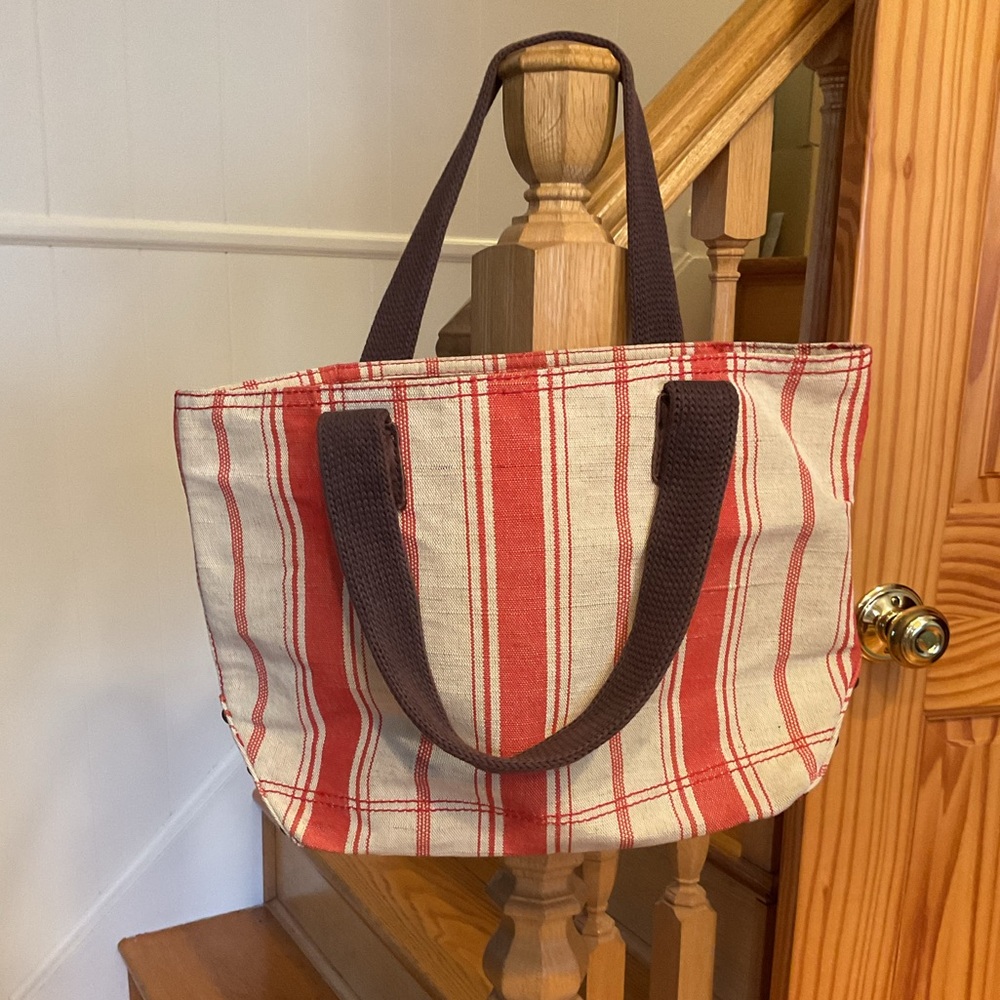 GAP 1969 STRIPED TOTE NWT 2007 RED CORAL CREME BROWN SWEATER STRAPS GROMMETS Y2K
